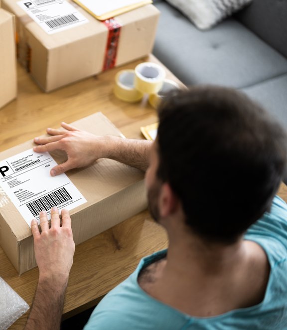 Man preparing e-commerce parcels by applying shipping labels to cardboard boxes