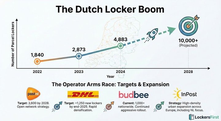 El mercado neerlandés ilustra la rápida expansión de las redes de parcel lockers y la creciente competencia entre operadores. Fuente: LockersFirst. Las cifras y proyecciones mostradas corresponden a la fuente de la infografía.