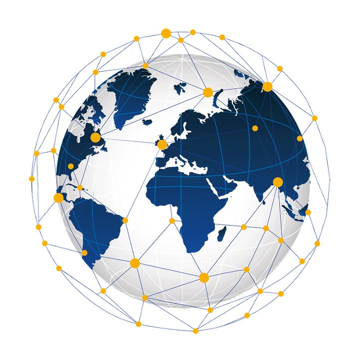 Illustration of a world map with connected nodes representing a global logistics and shipping network.