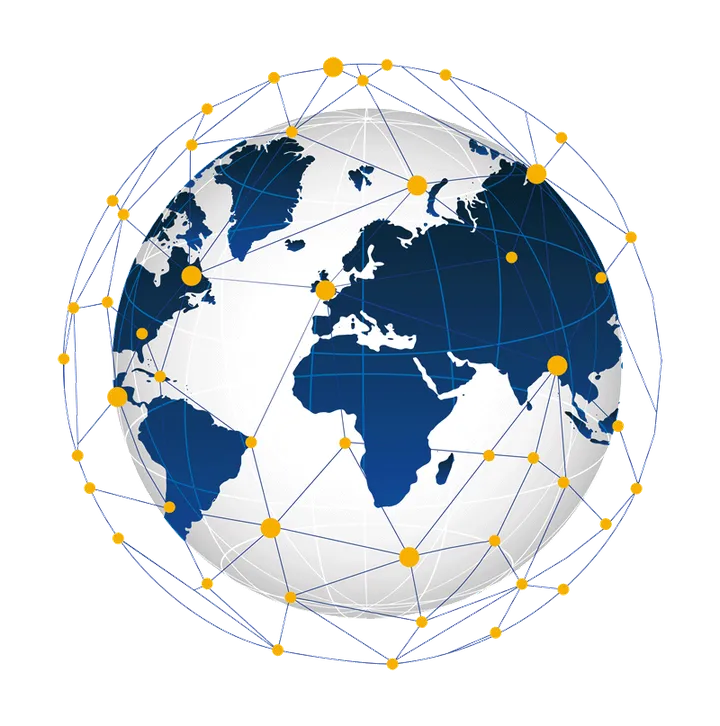 Illustration of a world map with connected nodes representing a global logistics and shipping network.