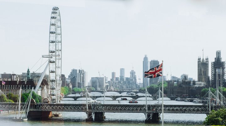 View of London Eye and British flag.