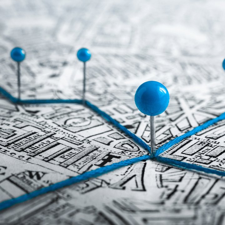 Map showing route stops marked by blue pins