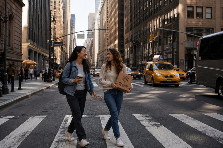 two women carrying a parcel across a zebra crossing in a busy new york street
