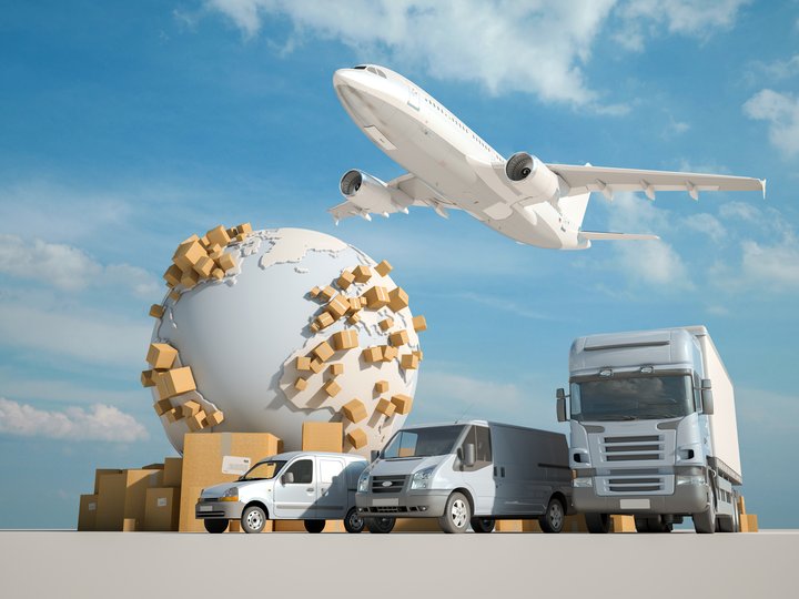 a van, lorry and airplane parked in a line with blue sky, parcels and an animated globe in the background